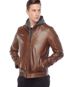 Men’s Real Brown Leather Hooded Jacket