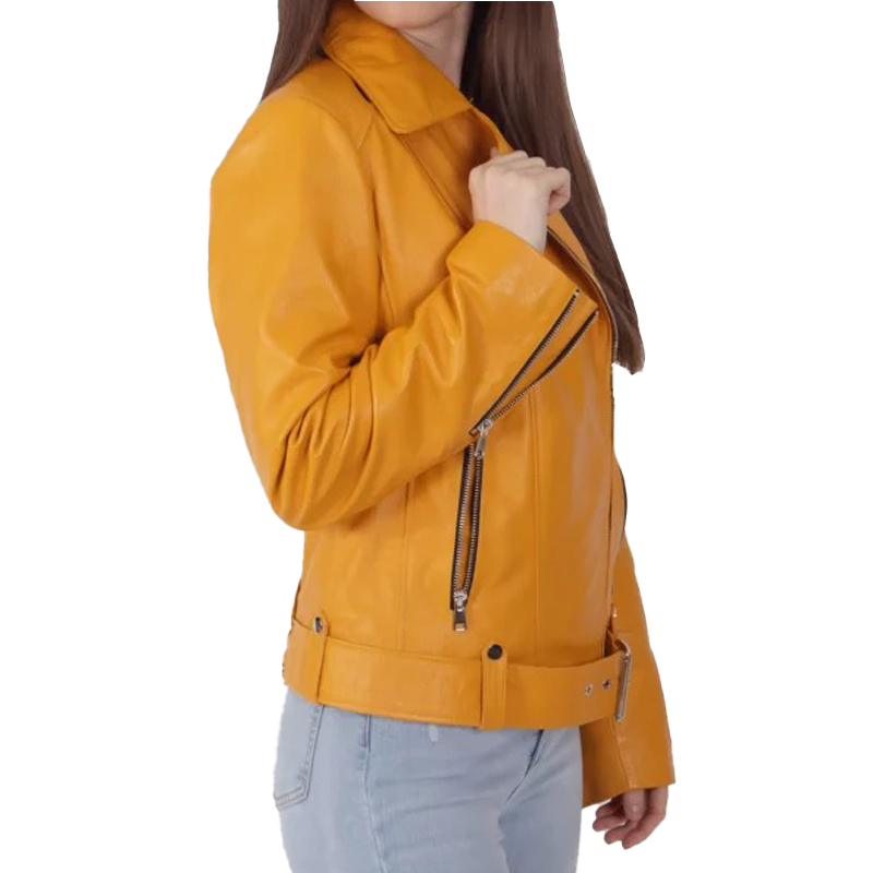 Women's Yellow Biker Leather Jacket - Image 5