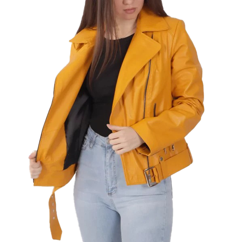 Women's Yellow Biker Leather Jacket - Image 2