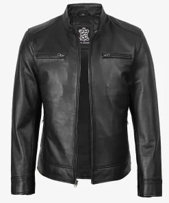 Dodge Men's Black Leather Cafe Racer Jacket