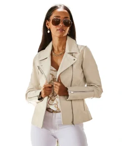 Ecru Leather Biker Jacket