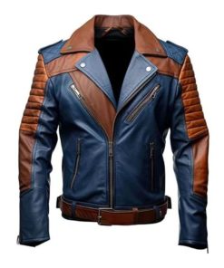 Mens Blue and Brown Leather Jacket