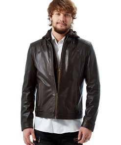 Men’s Real Brown Leather Hooded Jacket
