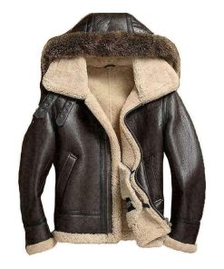 Mens Brown Hooded Sheepskin Shearling Leather Jacket