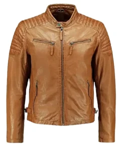 Men’s Padded Tan Leather Biker Jacket