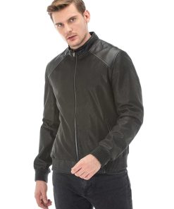 Men’s Real Black Leather Square Printed Vegetal Jacket