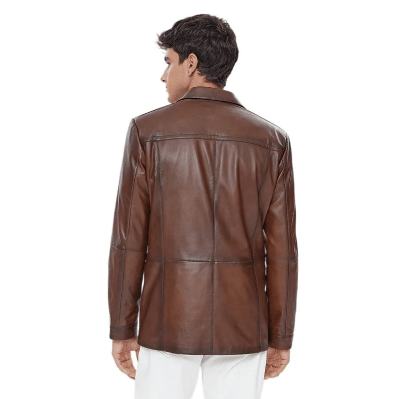 Men’s Real Brown Leather Blazer Coat - Image 2