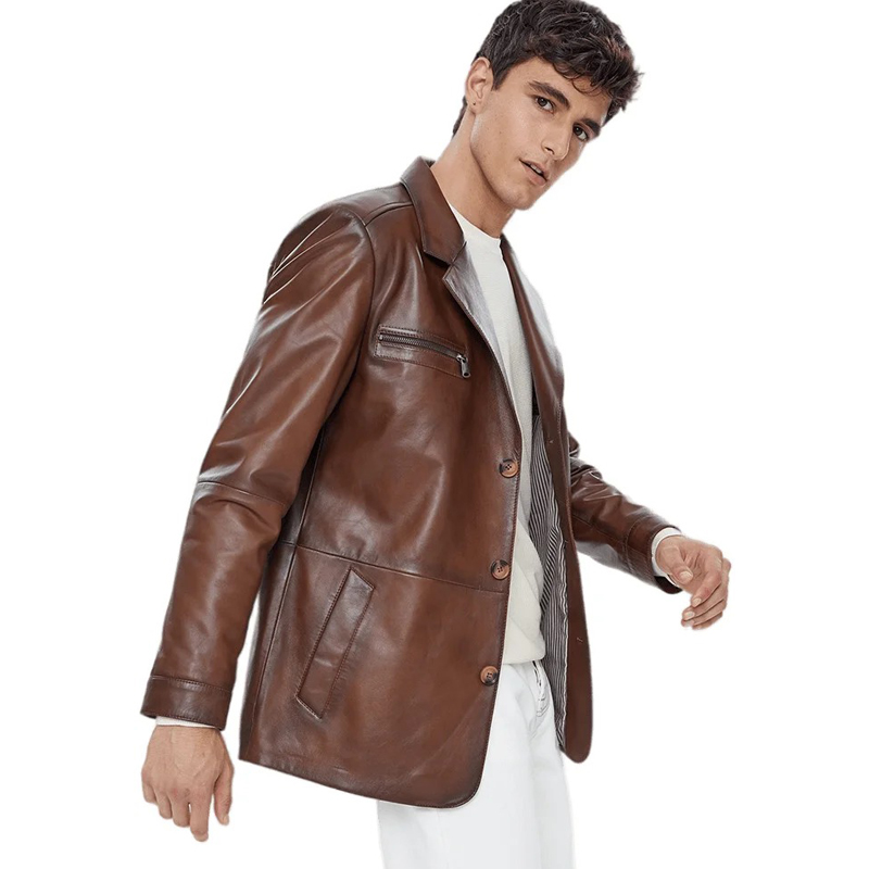 Men’s Real Brown Leather Blazer Coat - Image 3