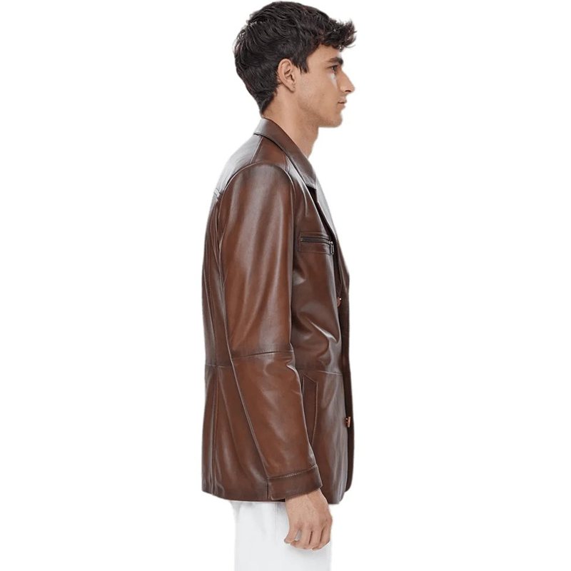 Men’s Real Brown Leather Blazer Coat - Image 4