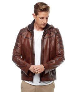 Men’s Real Brown Leather Hooded Jacket