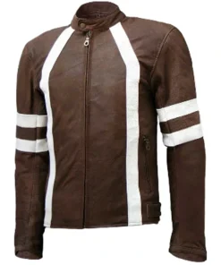 Mens White Striped Brown Cafe Racer Leather Jacket
