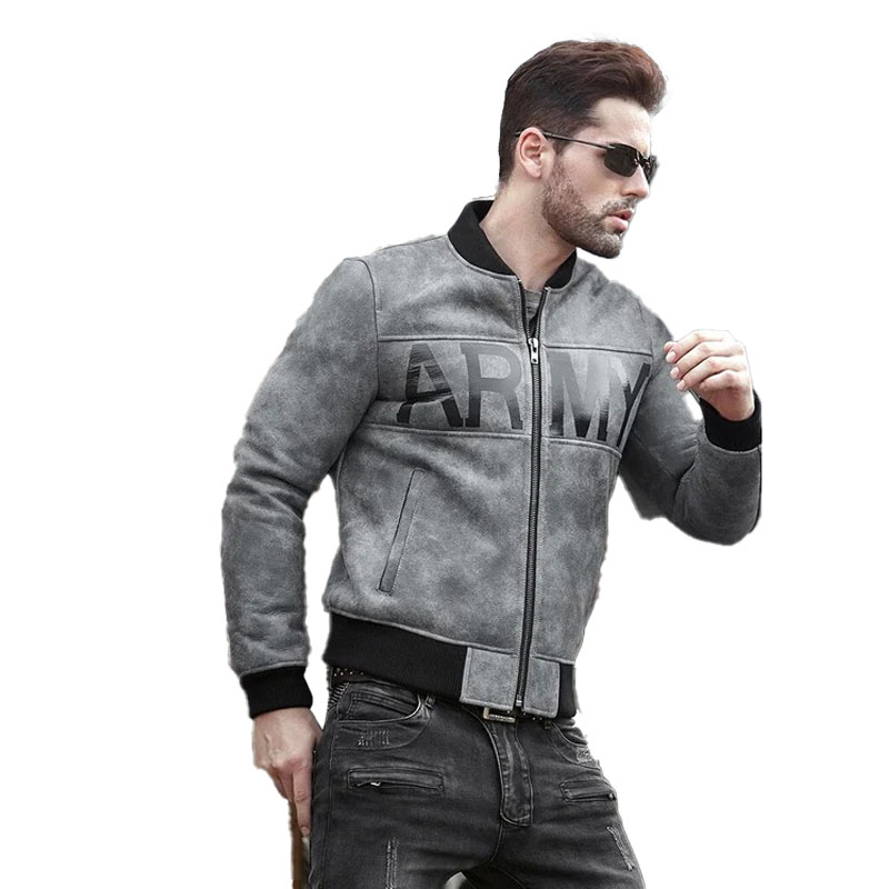 Mens Grey Sheepskin Army Shearling Bomber Jacket - Image 2