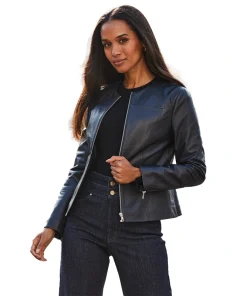 Midnight Blue Zip Front Round Neck Leather Jacket
