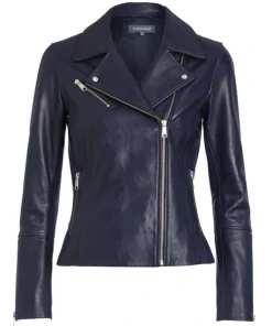Navy Blue Leather Biker Jacket