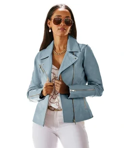 Powder Blue Leather Biker Jacket
