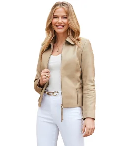 Sand Zip Detail Collared Leather Jacket