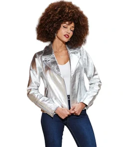 Silver Metallic Leather Biker Jacket