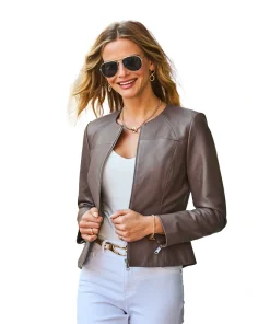 Taupe Zip Front Round Neck Leather Jacket