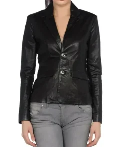 Women Black Real Leather Blazer