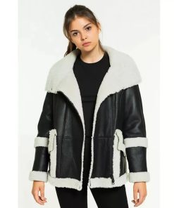 Women’s Black Leather White Shearling Coat
