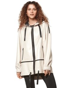 Women’s Real Beige Leather Hooded Jacket