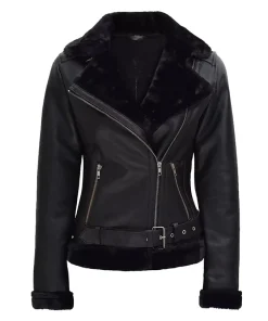 Women's Black Asymmetrical Shearling Leather Jacket