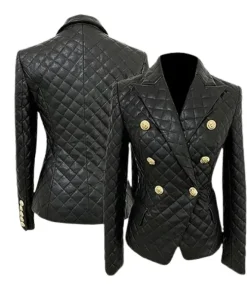 Womens Black Diamond Quilted Leather Blazer