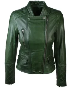 Women's Green Leather Biker Quilted Jacket