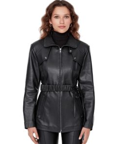 Women’s Real Black Leather Hip Length Coat