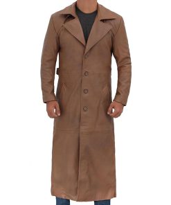 Brown Men Leather Long Duster Coat