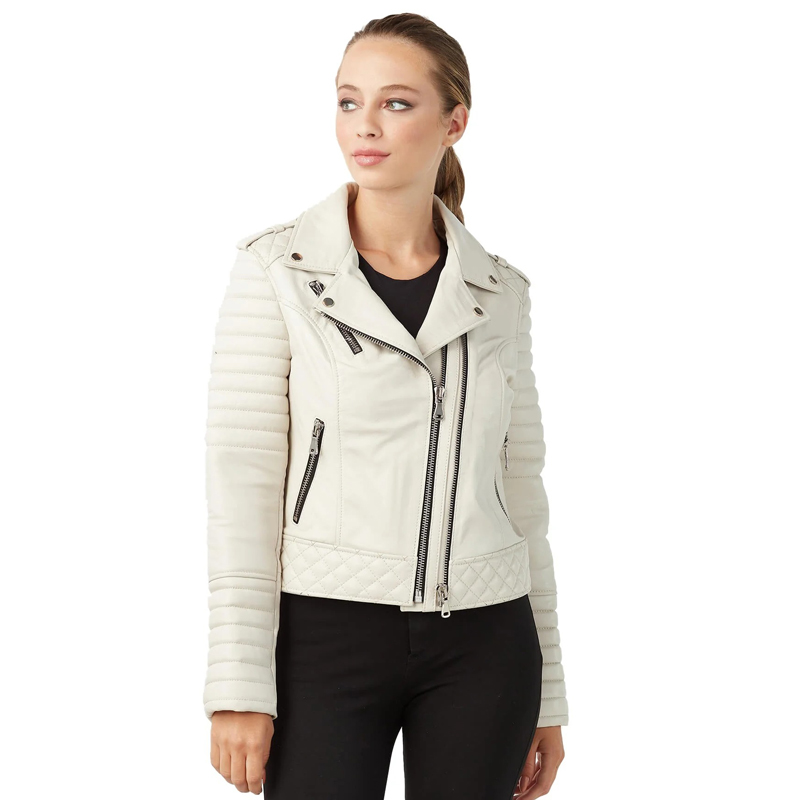 Women’s Real Beige Leather Sports Jacket - Image 3