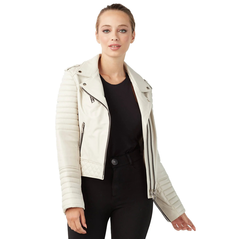 Women’s Real Beige Leather Sports Jacket - Image 2