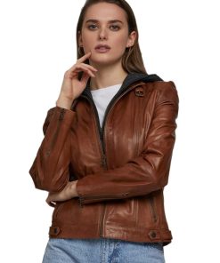 Women’s Real Brown Leather Hooded Style Jacket
