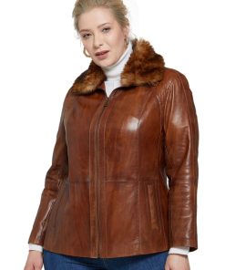 Women’s Real Brown Leather Fur Collar Jacket