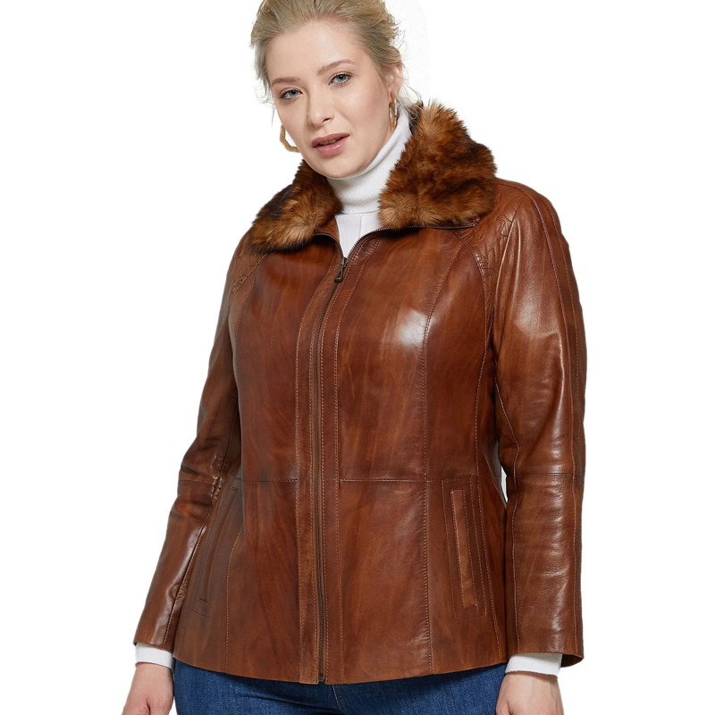 Women’s Real Brown Leather Fur Collar Jacket