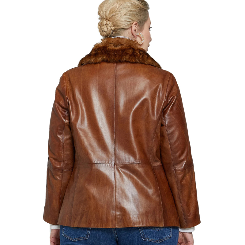 Women’s Real Brown Leather Fur Collar Jacket - Image 3