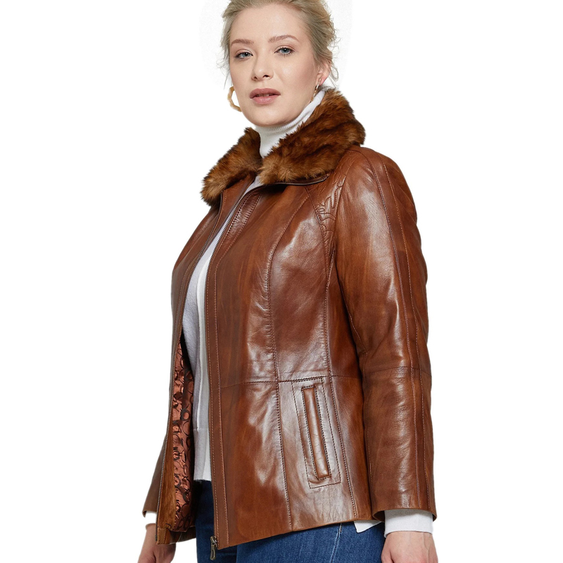 Women’s Real Brown Leather Fur Collar Jacket - Image 4