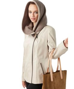 Women’s Real Beige Leather Hooded Coat