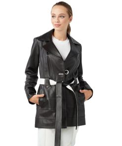 Women’s Real Black Leather Trench Short Coat
