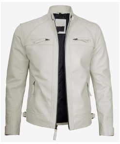 Mens Quilted Shoulder Off White Leather Jacket