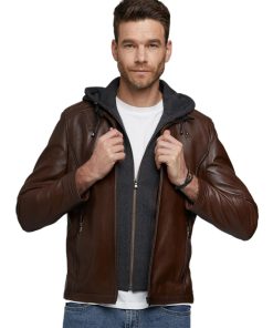 Men’s Real Brown Leather Hooded Jacket