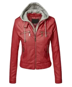 Slim Fit Hooded Red Leather Jacket